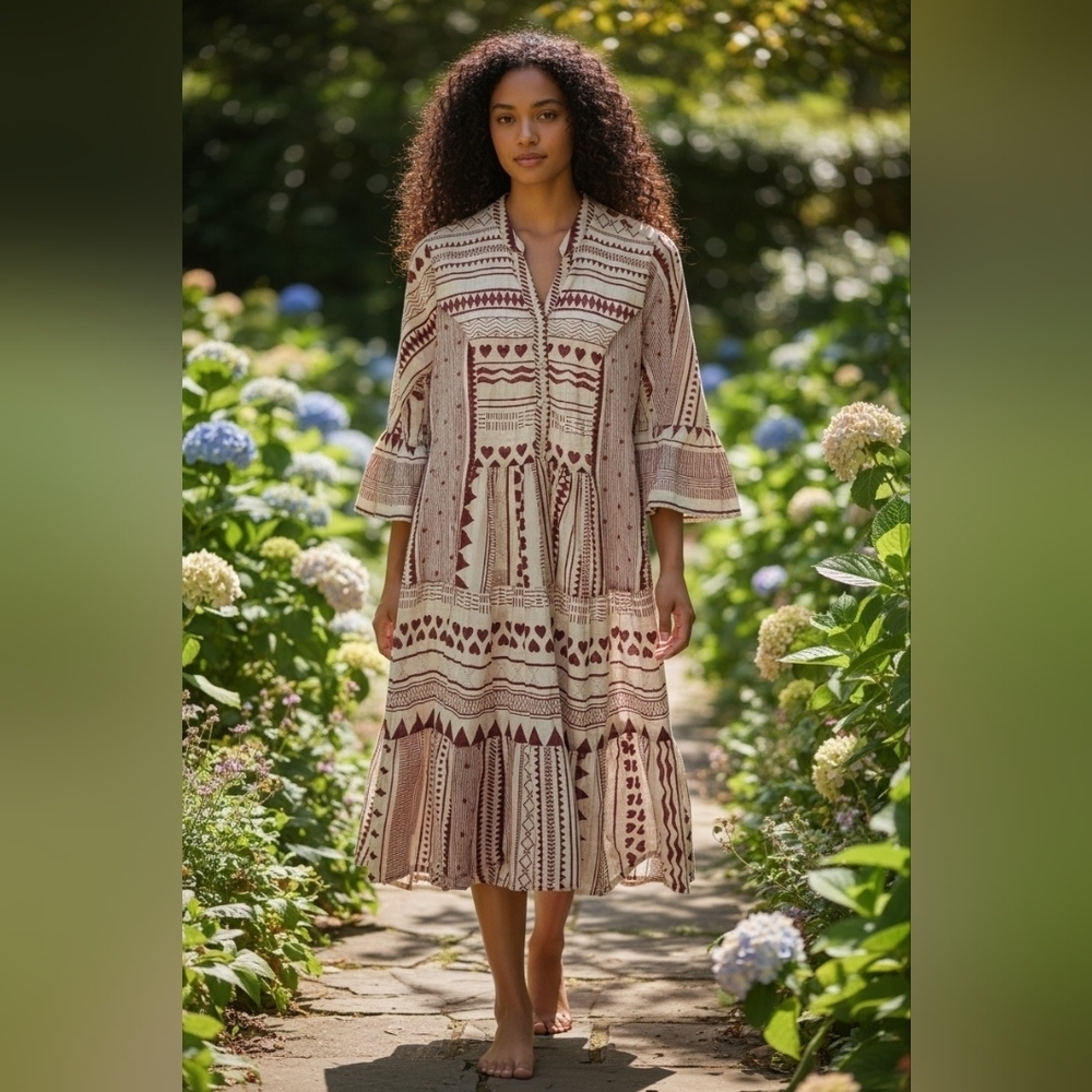 Akkriti 100% Cotton Boho Block Print Midi Dress S Cottagecore Tiered India